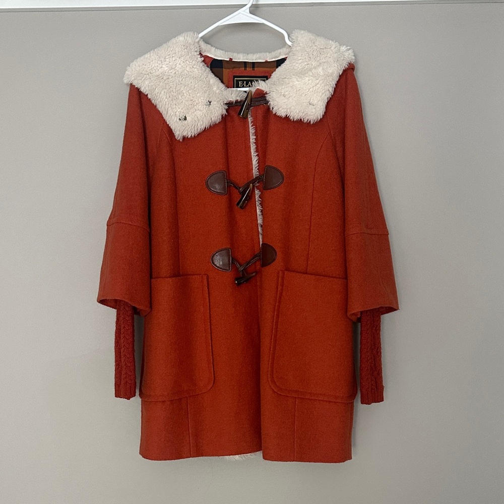 Rust Orange Wool Toggle Coat with Faux Shearling Collar